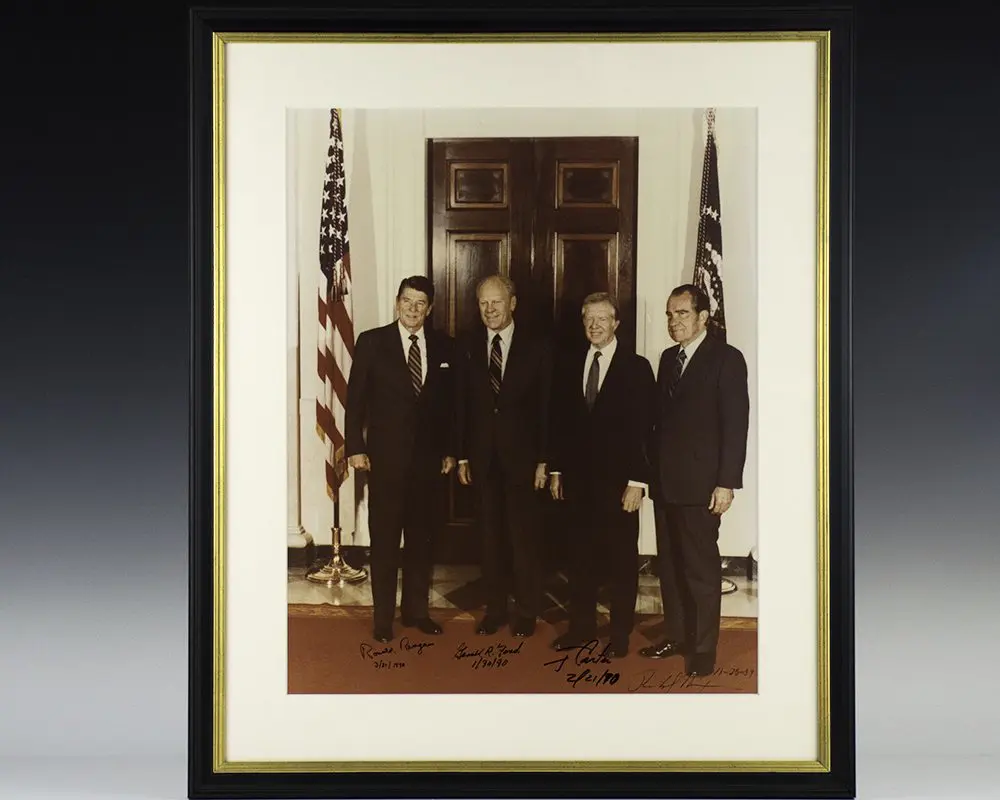 Photograph of Presidents Ronald Reagan, Gerald Ford, Jimmy Carter and Richard Nixon.