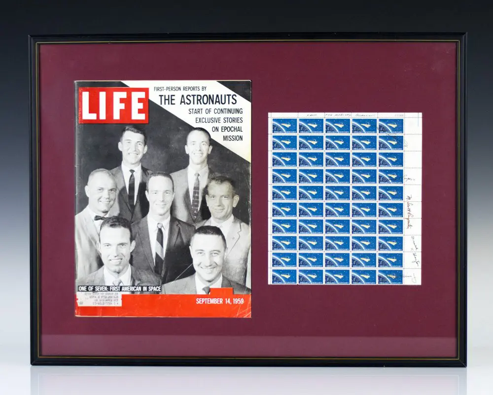 Mercury Seven Signed Sheet of Project Mercury Stamps.