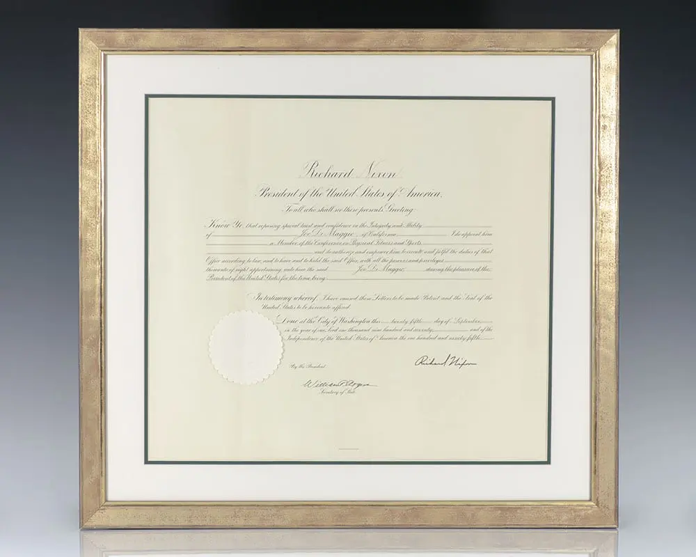 Joe DiMaggio Presidential Commission Signed by Richard Nixon.