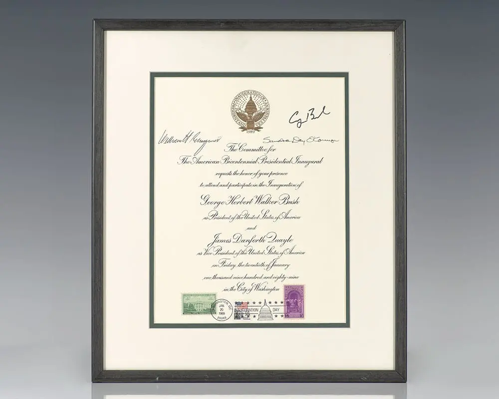 President George Bush, Chief Justice William H. Rehnquist and Associate Justice Sandra Day O’Connor Signed 1989 Inaugural Invitation.