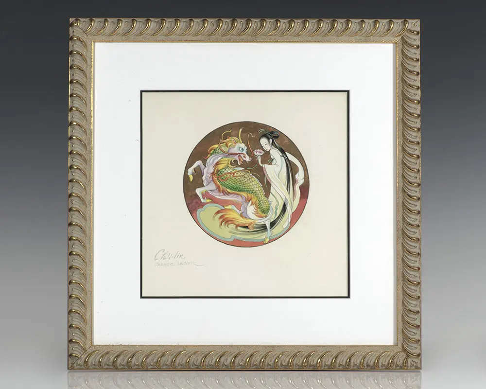 Original Hilary Knight Ch’i-Lin and her Chinese Unicorn Watercolor Painting.