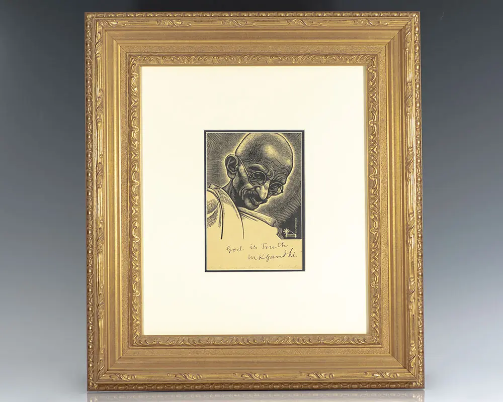 Mohandas K. Gandhi Signed Engraving Portrait.