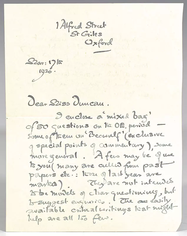 J.R.R. Tolkien Autograph Letter Signed and Annotated Old English Literature Questionnaire.