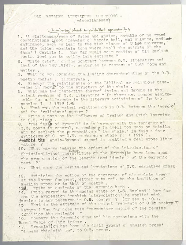 J.R.R. Tolkien Autograph Letter Signed and Annotated Old English Literature Questionnaire.