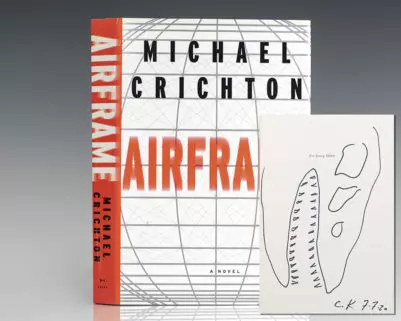First edition of Michael Crichton's Airframe; signed with an original drawing by dust jacket designer Chip Kidd
