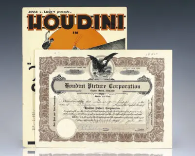 Harry Houdini Signed Houdini Picture Corporation Stock Certificate.
