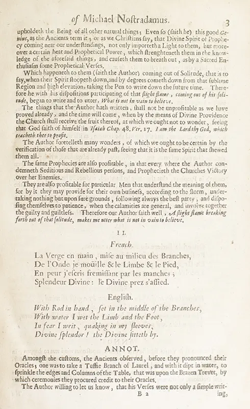 True Prophecies or Prognostications of Michael Nostradamus Physician to Henry II. Francis II. and Charles IX. Kings of France, and one of the best Astronomers that ever were. A Work full of Curiosity and Learning.