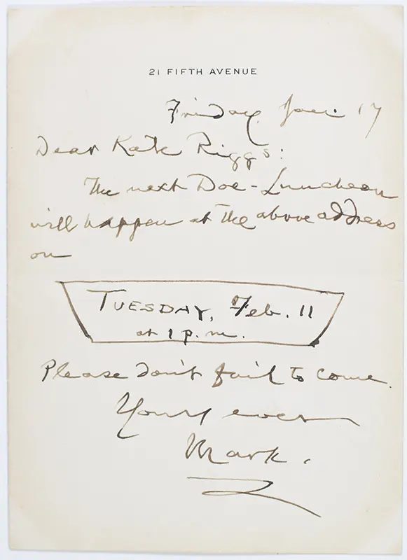 Mark Twain Autograph Invitation Signed.
