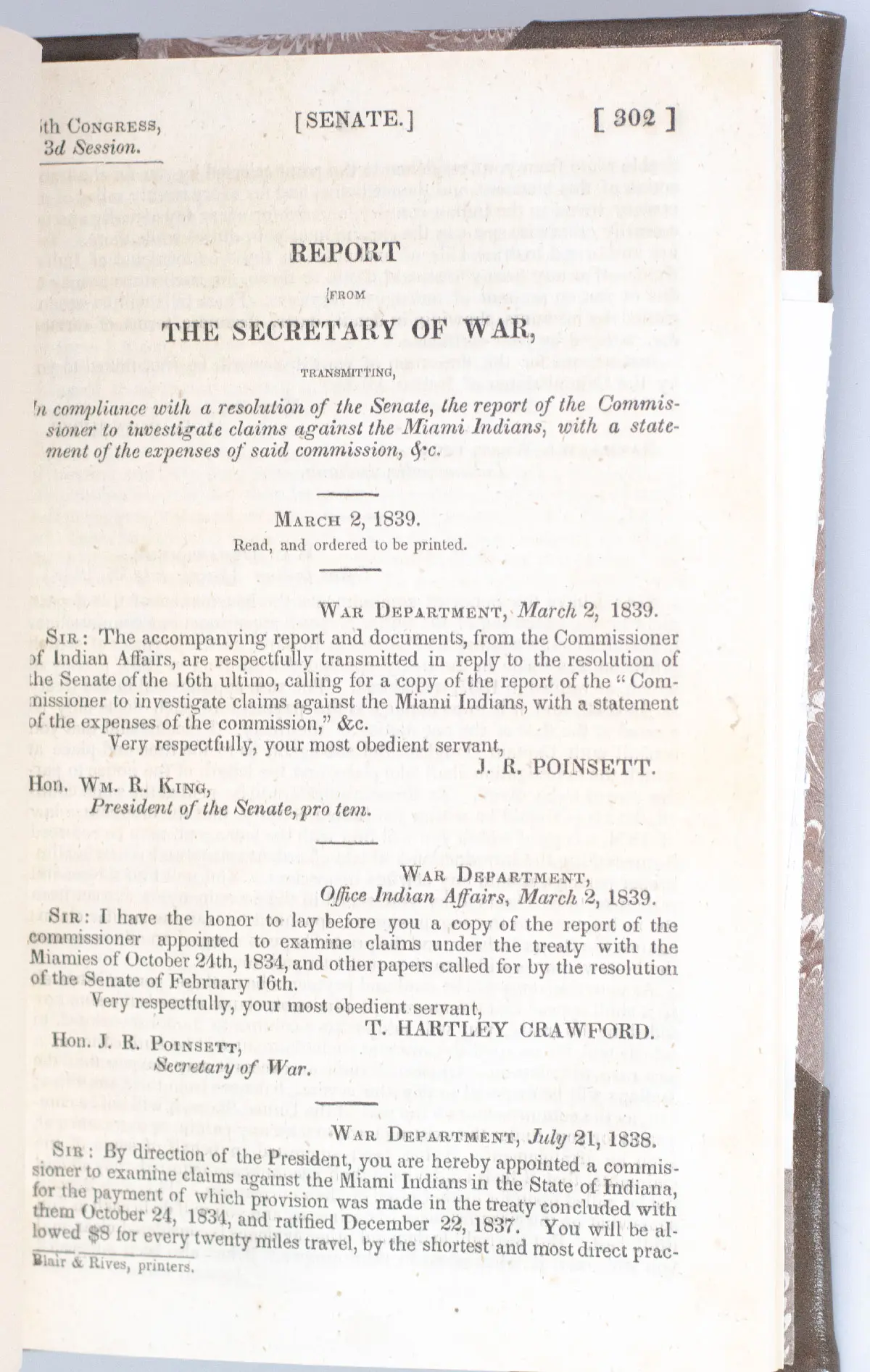 Report From The Secretary of War, Transmitting, In Compliance with a Resolution of the Senate, the Report of the Commissioner to Investigate Claims Against the Miami Indians, with a Statement of Expense of Said Commission, &c. March 2, 1839.