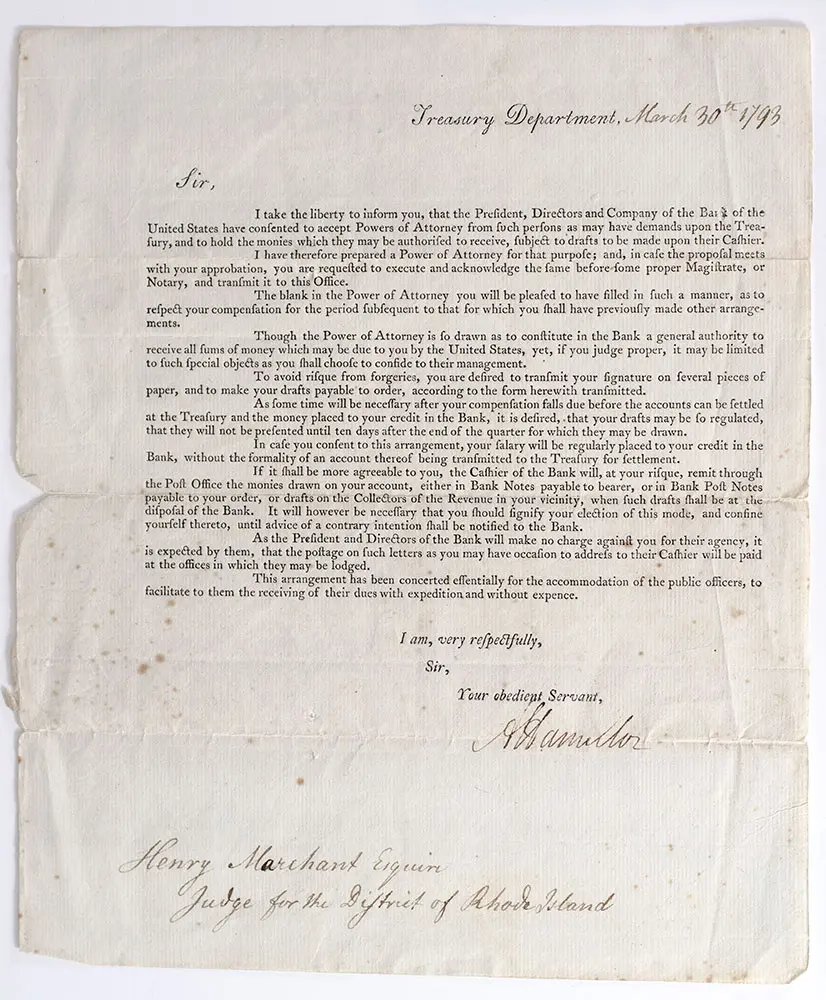 Alexander Hamilton Treasury Department Circular Signed.