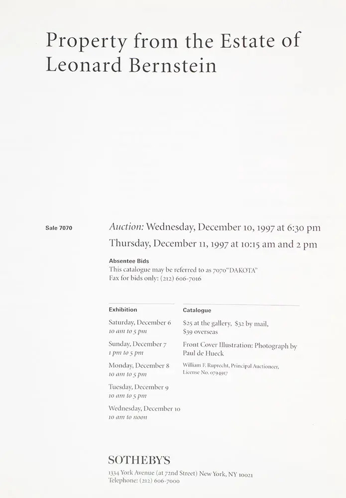 A Legend: Property from the Estate of Leonard Bernstein Sotheby's December 1997 Catalog.