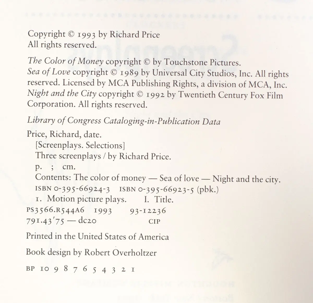 Three Screenplays: The Color of Money; Sea of Love and Night and the City.