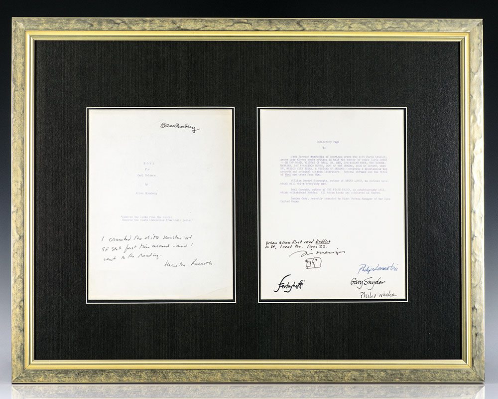 First mimeographed printing of Howl,. One of 25 copies preceding the first edition signed by Allen Ginsberg and five other poets present at the famous six gallery reading