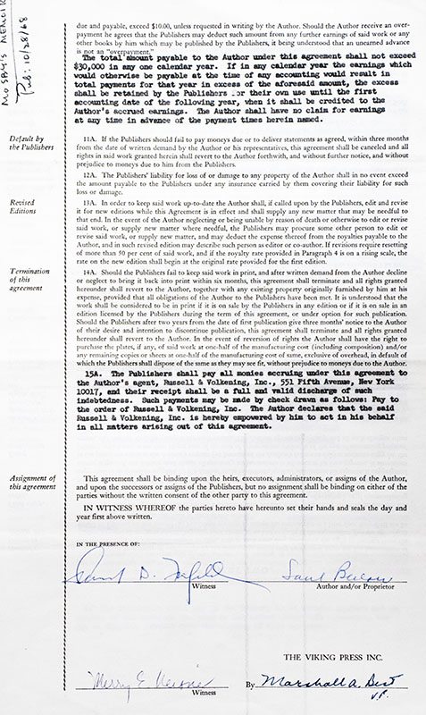Saul Bellow Signed Novel Contracts.