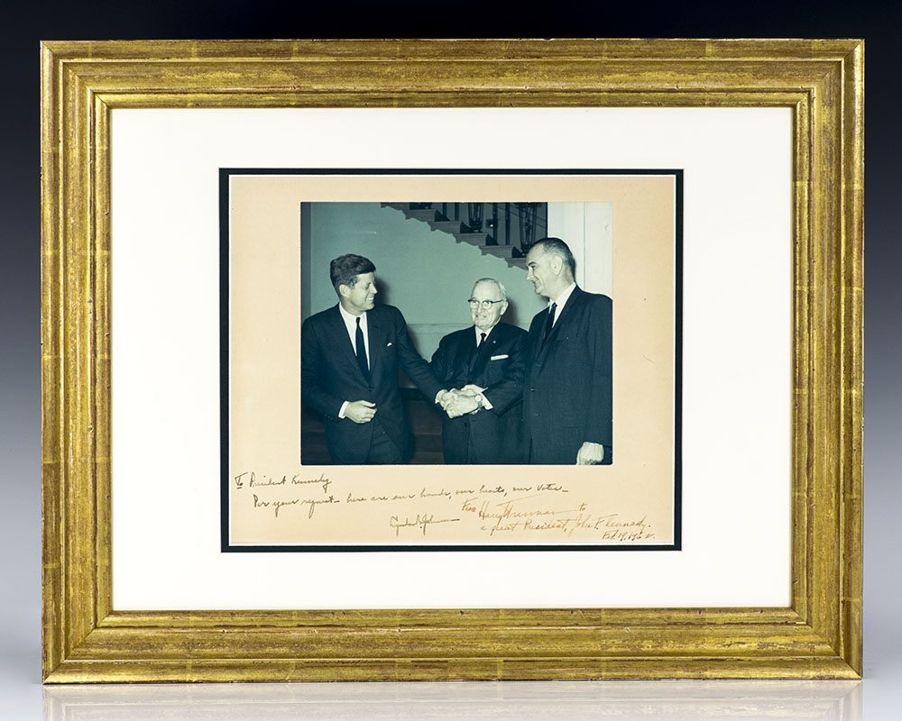 Signed Photograph of John F. Kennedy, Lyndon B. Johnson and Harry S. Truman.