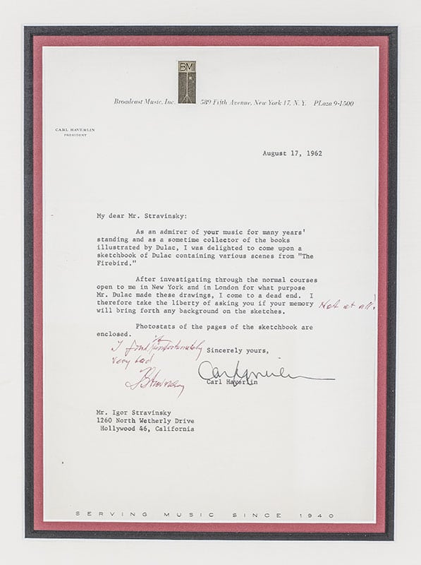 Autographed Signed Letter From Carl Haverlin To Igor Stravinsky