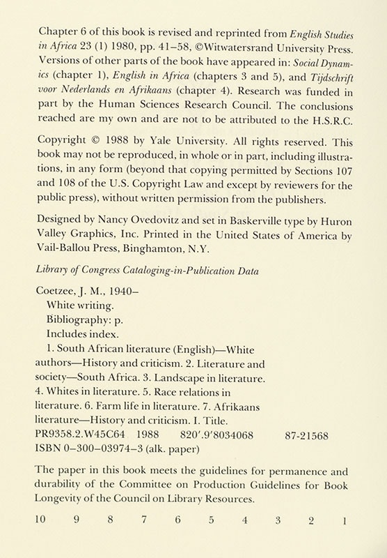 White Writing: On the Culture of Letters in South Africa