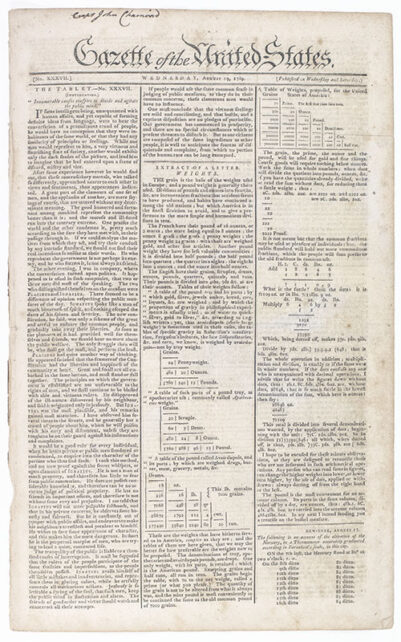 Gazette of the United States. No.XXXVII. Wednesday, August 19, 1789.