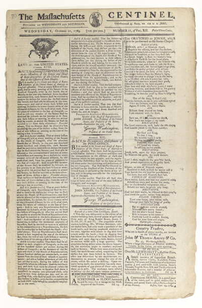The Massachusetts Centinel. Wednesday, October 21, 1789.