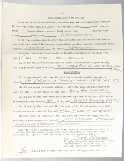 Jack Kerouac Autograph Questionnaire Signed.