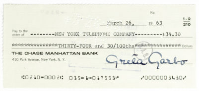 Greta Garbo Signed Check.