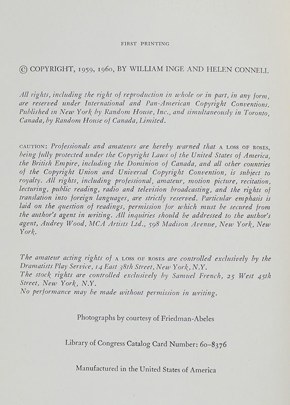A Loss of Roses: A New Play by William Inge.