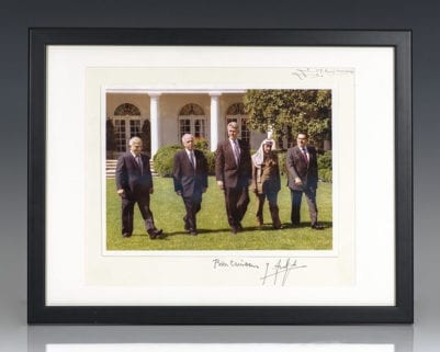 Bill Clinton, Yasser Arafat, King Hussein Signed Photograph.