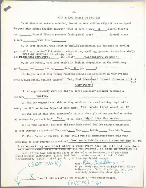 Ray Bradbury, Norman Mailer, Shirley Jackson, and Rod Serling Autograph Questionnaires.