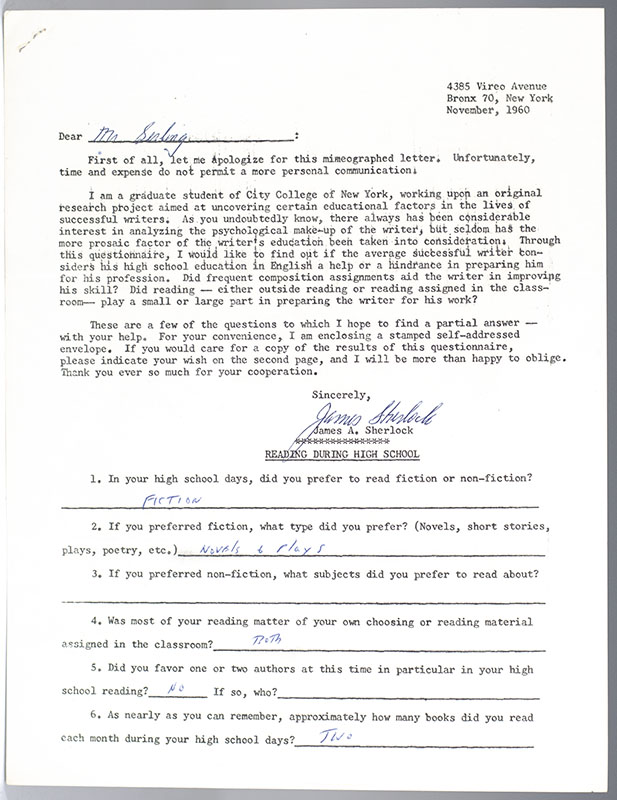 Ray Bradbury, Norman Mailer, Shirley Jackson, and Rod Serling Autograph Questionnaires.