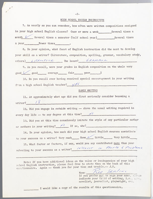 Ray Bradbury, Norman Mailer, Shirley Jackson, and Rod Serling Autograph Questionnaires.
