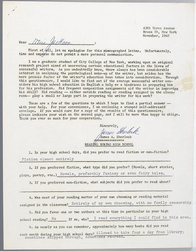 Ray Bradbury, Norman Mailer, Shirley Jackson, and Rod Serling Autograph Questionnaires.
