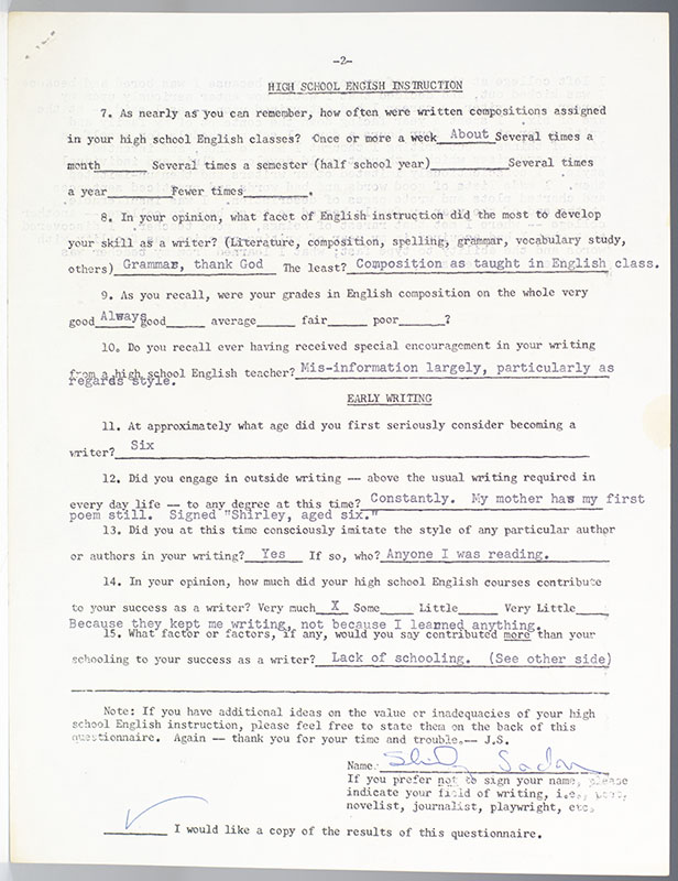 Ray Bradbury, Norman Mailer, Shirley Jackson, and Rod Serling Autograph Questionnaires.