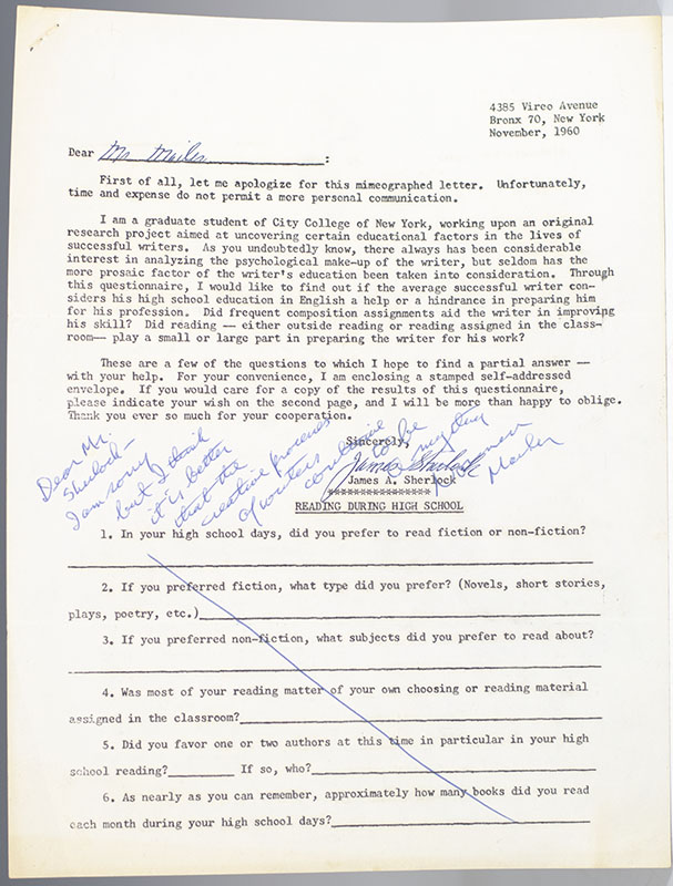 Ray Bradbury, Norman Mailer, Shirley Jackson, and Rod Serling Autograph Questionnaires.