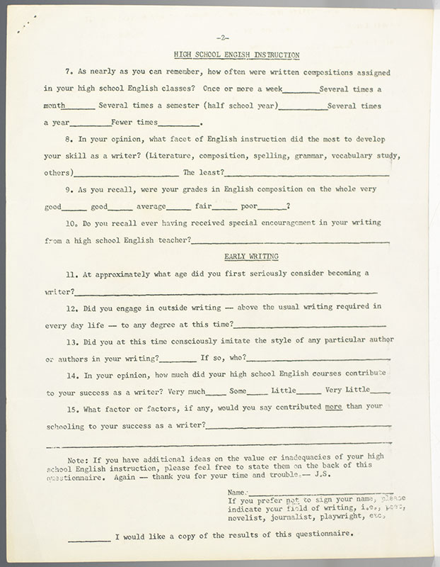 Ray Bradbury, Norman Mailer, Shirley Jackson, and Rod Serling Autograph Questionnaires.