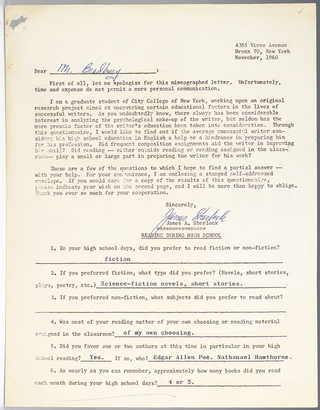 Ray Bradbury, Norman Mailer, Shirley Jackson, and Rod Serling Autograph Questionnaires.