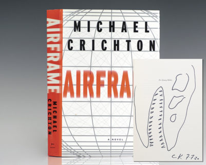 First edition of Michael Crichton's Airframe; signed with an original drawing by dust jacket designer Chip Kidd