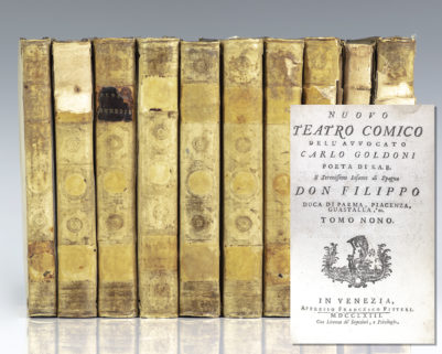 Nuovo Teatro Comico Dell'Avvocato Carlo Goldoni Poeta Di S. A. R. Il Serenissimo Infante di Spagna Don Filippo Duca Di Parma, Piacenza, Guastalla, ec. [New Comic Theater of the Lawyer Carlo Goldoni].