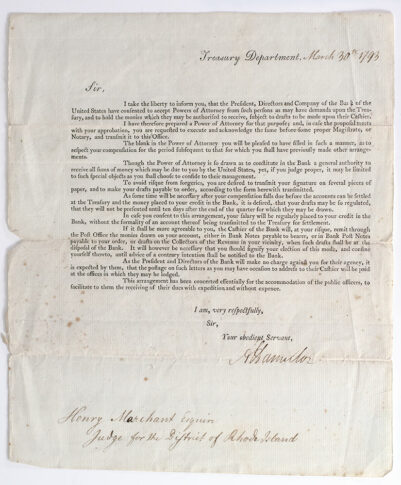 Alexander Hamilton Treasury Department Circular Signed.