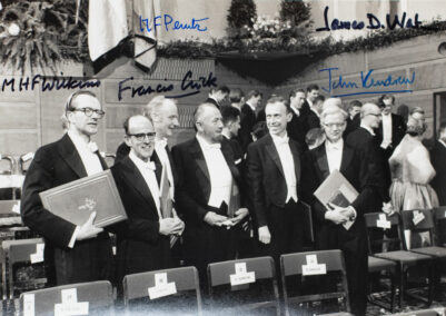1962 Nobel Prize-Winning Scientists Signed Photograph. [James D. Watson, Francis Crick and Maurice Wilkins Signed Photograph].