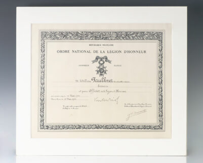 Officer of the Ordre National de la Légion d'Honneur Diploma Awarded to William Faulkner.