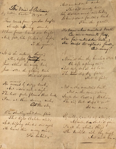 William Cullen Bryant Autograph "The Voice of Autumn" Poem Signed.
