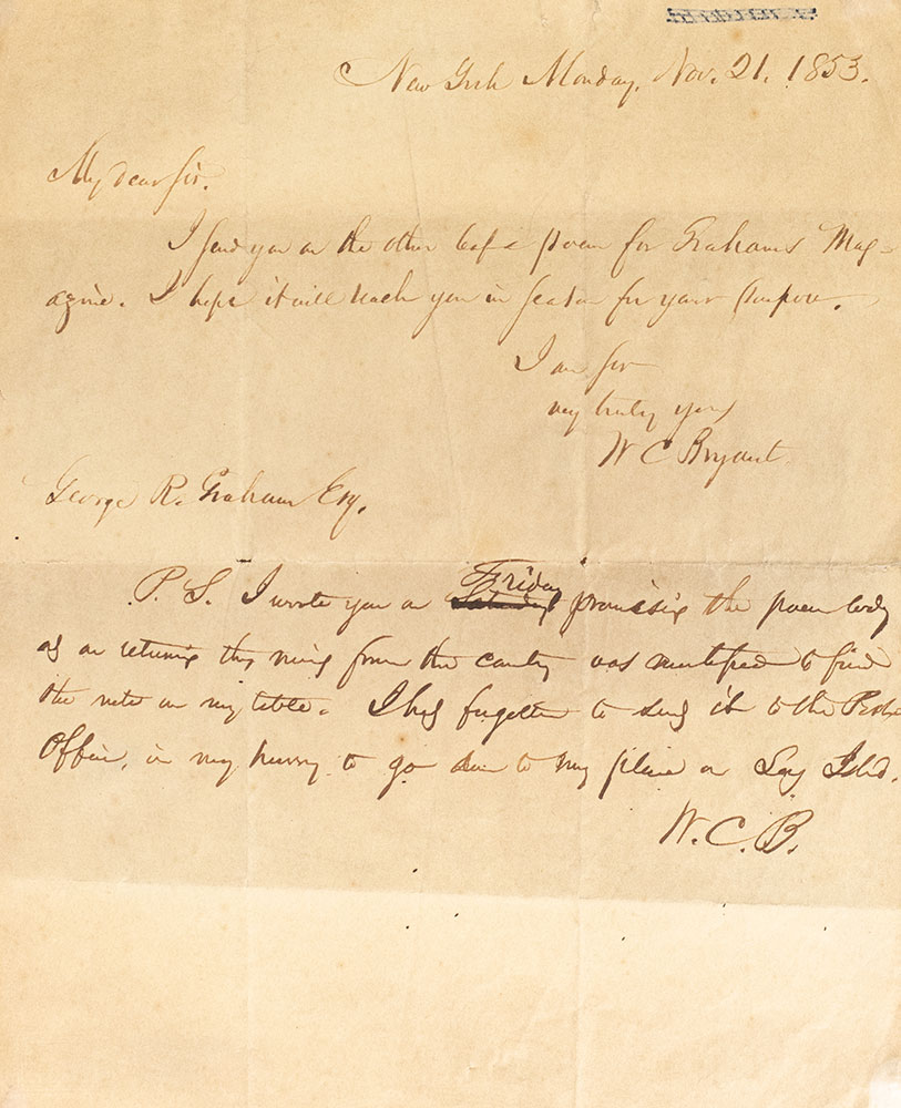 William Cullen Bryant Autograph "The Voice of Autumn" Poem Signed.