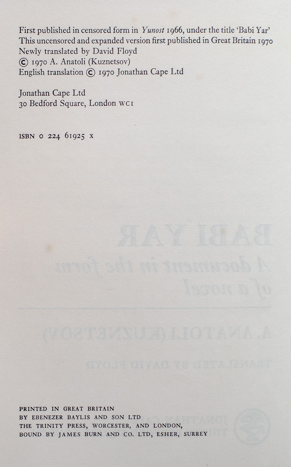 Babi Yar: A document in the form of a novel.