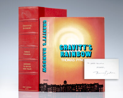 First edition of Gravity's Rainbow; inscribed by Thomas Pynchon to his editor Herb Yellin.