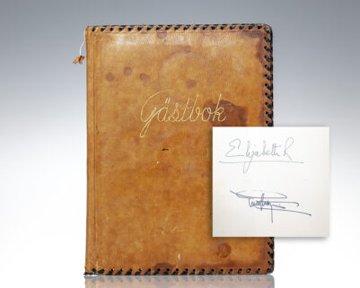 Queen Elizabeth II and King Gustaf VI Adolf Bernadotte Signed Swedish Guestbook from 1956 State Visit.