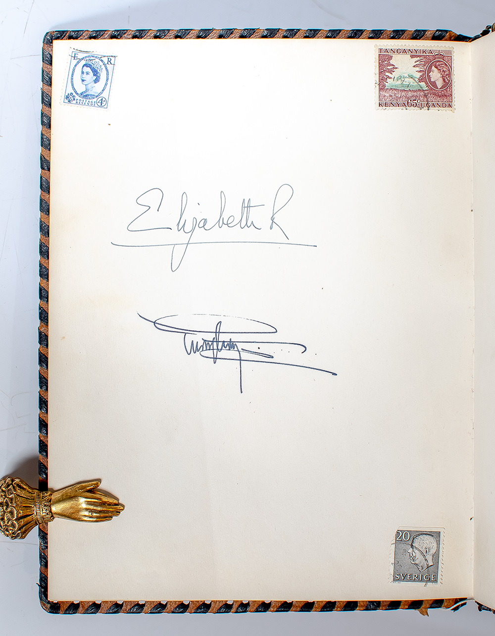 Queen Elizabeth II and King Gustaf VI Adolf Bernadotte Signed Swedish Guestbook from 1956 State Visit.