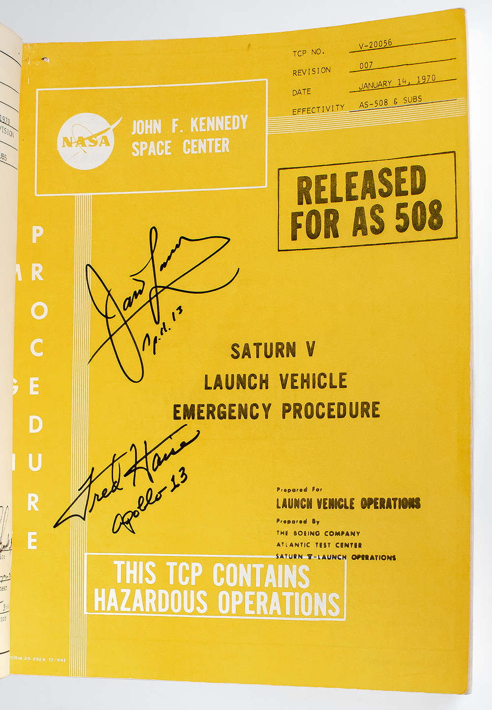 Jim Lovell and Fred Haise Signed Apollo 13 Saturn V Launch Vehicle Emergency Procedure Manual.