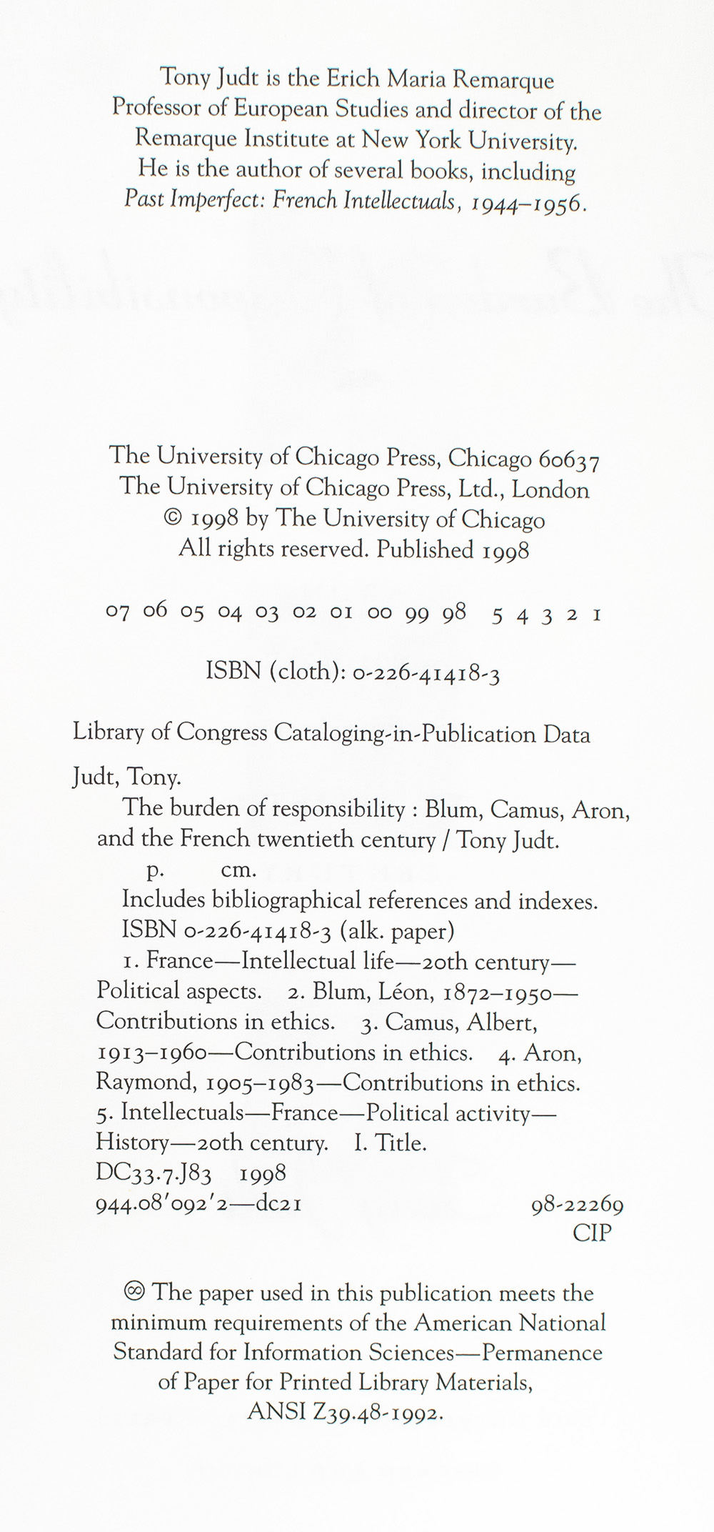 The Burden of Responsibility: Blum, Camus, Aron, and the French Twentieth Century.