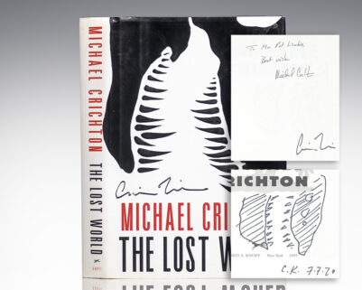 First edition of The Lost World; signed by Michael Crichton and three times by Jacket Designer Chip Kidd and with an original drawing