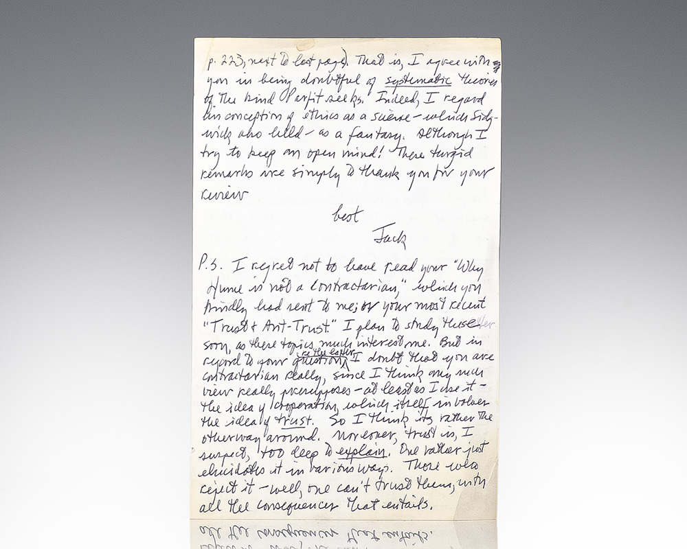 John Rawls Autograph Letter Signed.